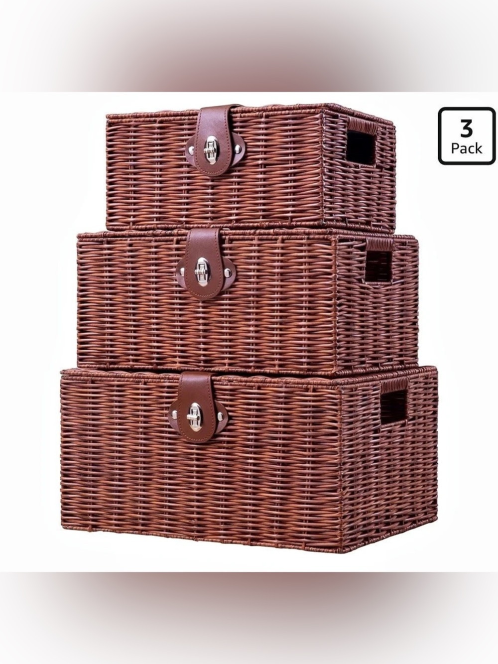 Set of 3 Woven Wicker Storage Baskets Wicker Storage Baskets Set of 3 Brown